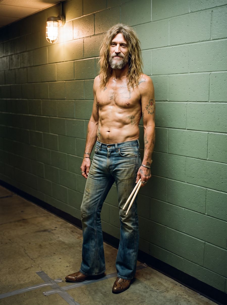 Gator. Drums. Still no shirt.