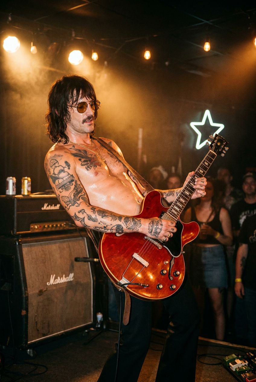 The hollowbody, somewhere around the knees.